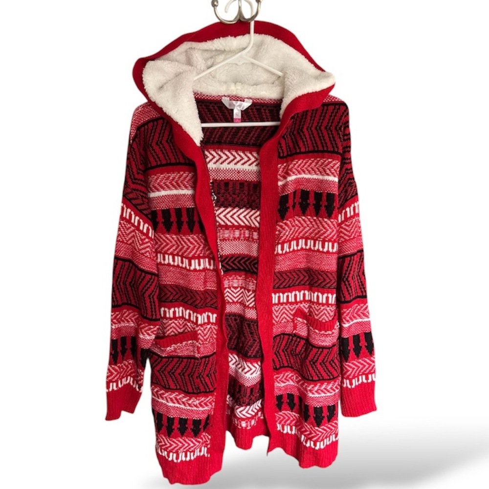 No Boundaries Red & White Jacquard Cardigan with Faux Fur Hood - NWT